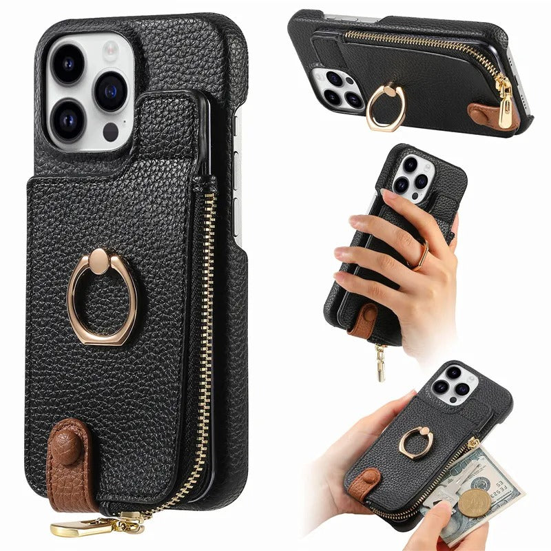Luxury iPhone Leather Zipper Wallet Case — Card Holder Slot, Ring Kickstand Stand, Magnetic Closure, Shockproof Drop Protection, Anti-Fingerprint Design