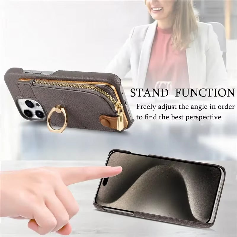 Luxury iPhone Leather Zipper Wallet Case — Card Holder Slot, Ring Kickstand Stand, Magnetic Closure, Shockproof Drop Protection, Anti-Fingerprint Design