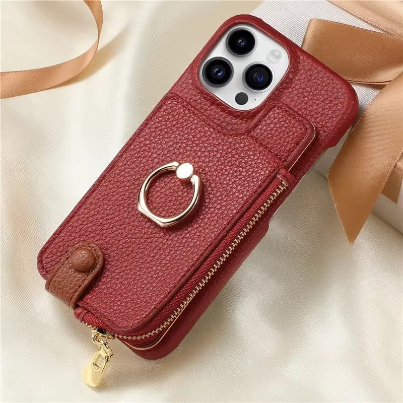 Luxury iPhone Leather Zipper Wallet Case — Card Holder Slot, Ring Kickstand Stand, Magnetic Closure, Shockproof Drop Protection, Anti-Fingerprint Design