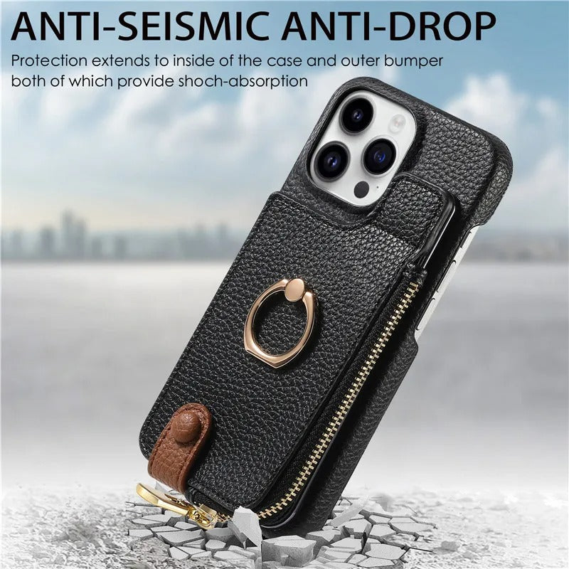 Luxury iPhone Leather Zipper Wallet Case — Card Holder Slot, Ring Kickstand Stand, Magnetic Closure, Shockproof Drop Protection, Anti-Fingerprint Design