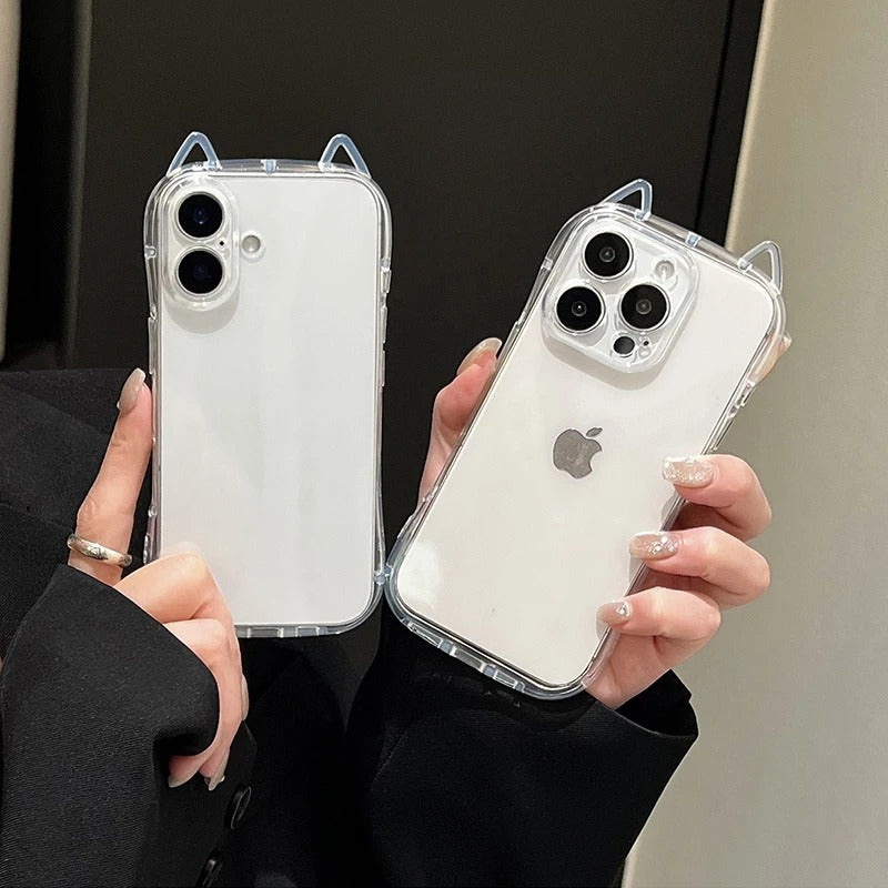 Cute iPhone Case 3D Cat Ears Clear TPU Cover — Soft Transparent Shockproof Shell, Anti-Fingerprint Scratch-Resistant Non-Slip Protective Design