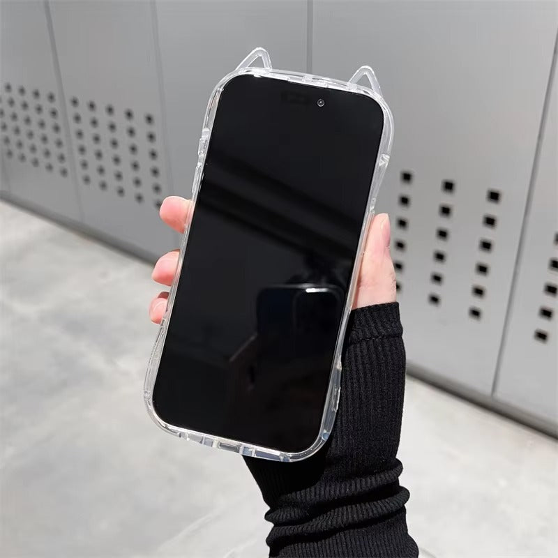 Cute iPhone Case 3D Cat Ears Clear TPU Cover — Soft Transparent Shockproof Shell, Anti-Fingerprint Scratch-Resistant Non-Slip Protective Design