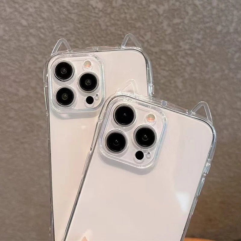 Cute iPhone Case 3D Cat Ears Clear TPU Cover — Soft Transparent Shockproof Shell, Anti-Fingerprint Scratch-Resistant Non-Slip Protective Design