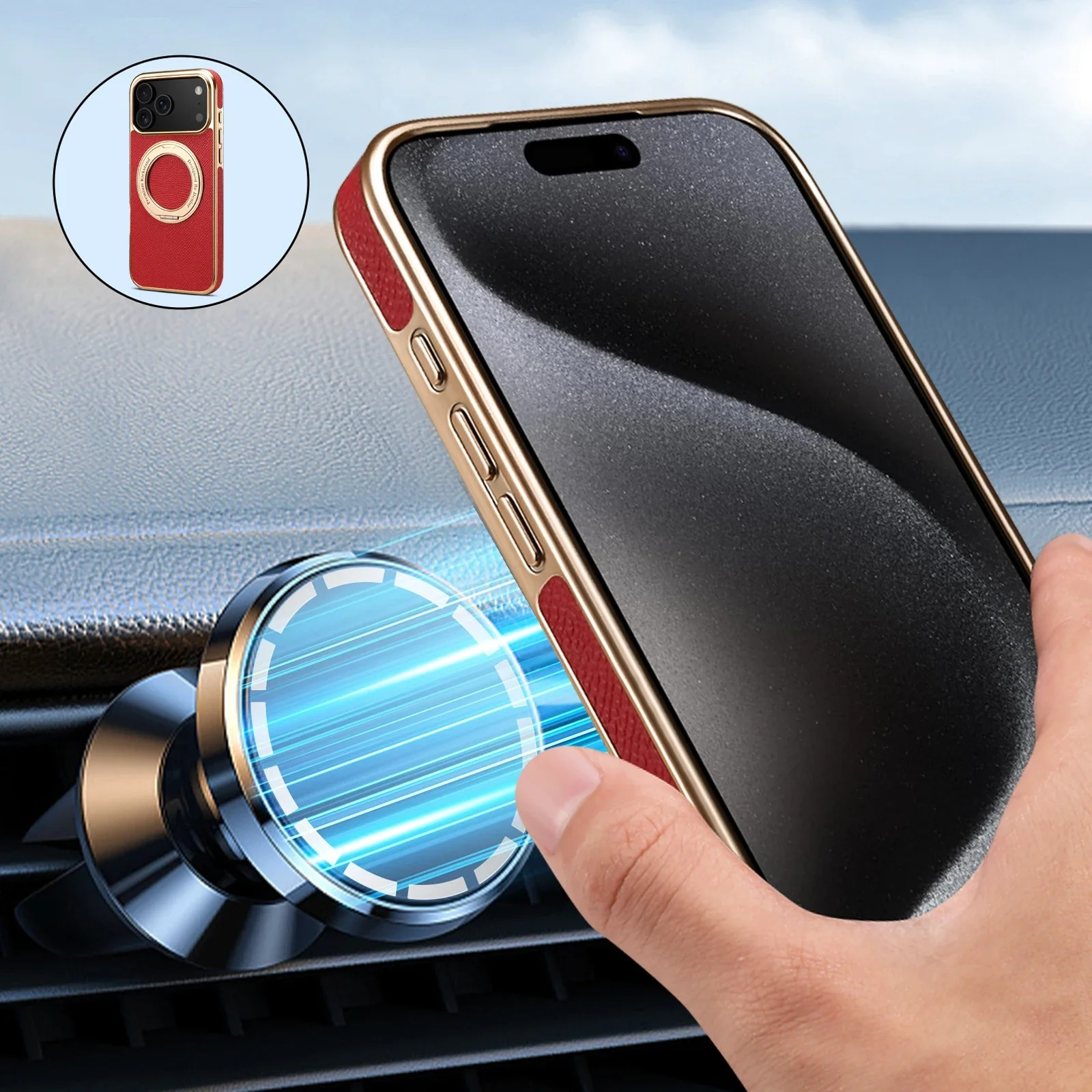 High-End Magnetic iPhone Case — Genuine Cowhide Leather Full Coverage with Invisible Ring Bracket, Shockproof Anti-Fingerprint Slim Design