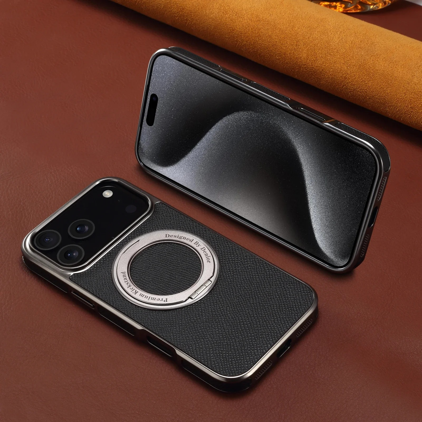 High-End Magnetic iPhone Case — Genuine Cowhide Leather Full Coverage with Invisible Ring Bracket, Shockproof Anti-Fingerprint Slim Design