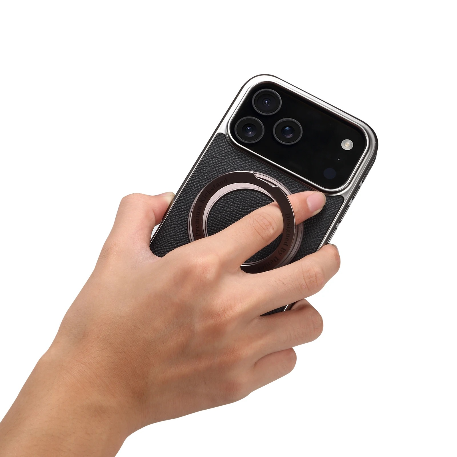 High-End Magnetic iPhone Case — Genuine Cowhide Leather Full Coverage with Invisible Ring Bracket, Shockproof Anti-Fingerprint Slim Design