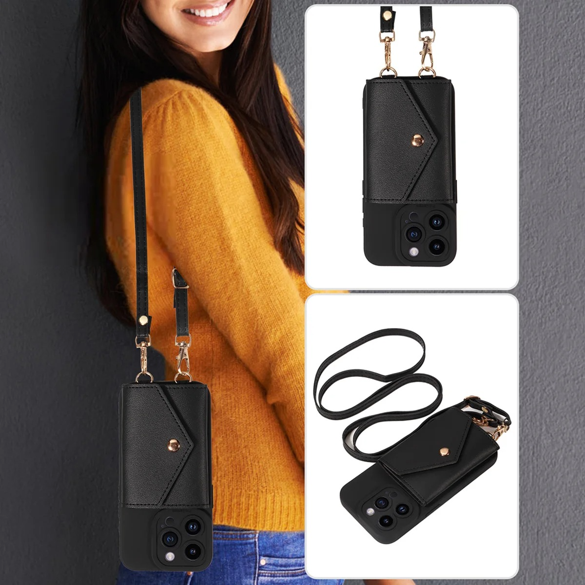 High-Quality PU Leather iPhone Case — Shockproof Crossbody Cover with Card Slot, Anti-Scratch, Dustproof, Non-Slip, Lightweight Protection