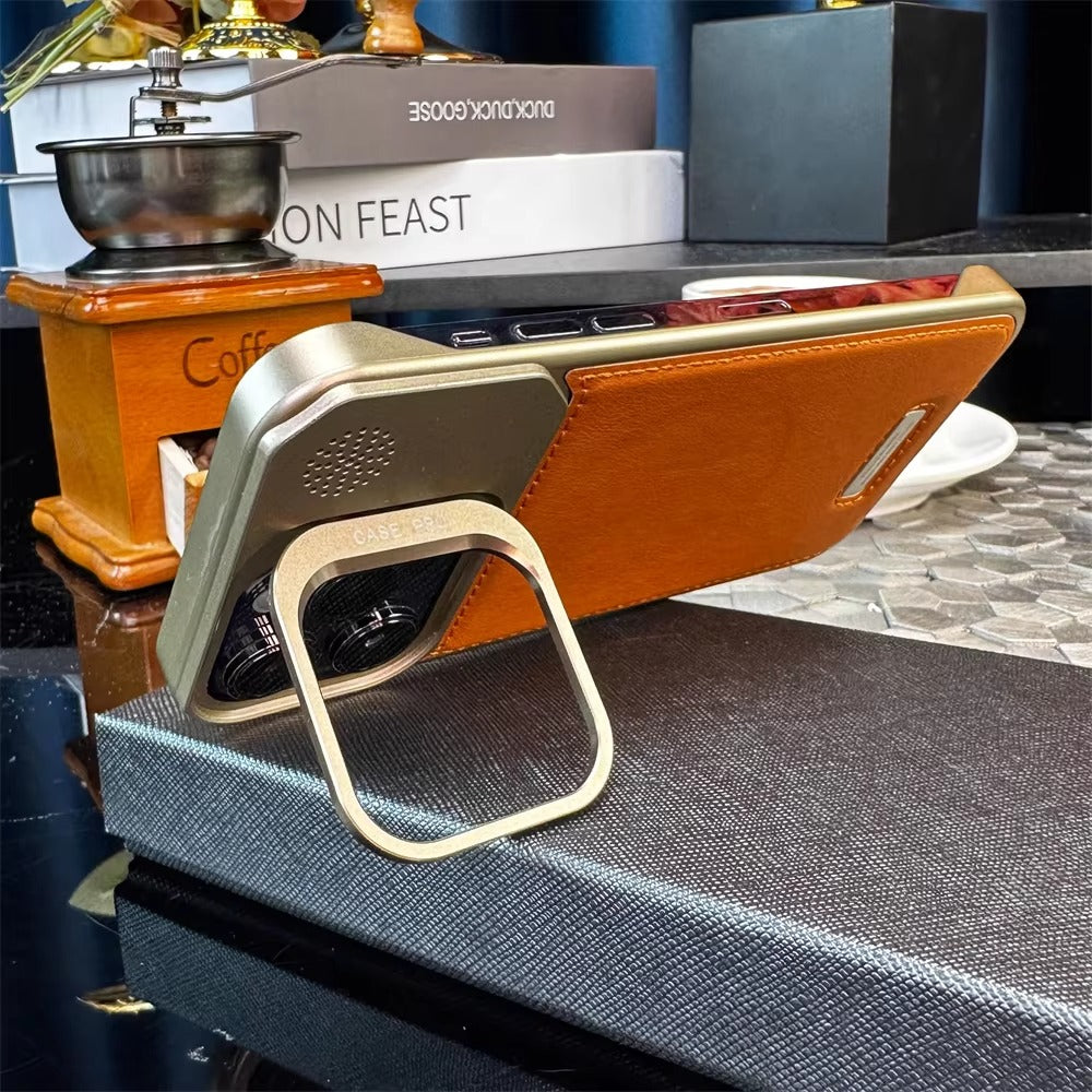 High-end Leather Feel MagSafe Phone Case — Wireless Charging, Alloy Lens Holder, Tough Anti-Fingerprint Hard PC Cover for iPhone