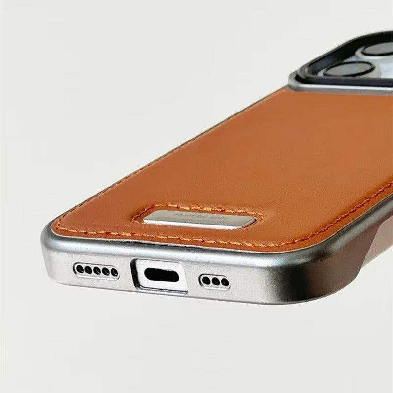 High-end Leather Feel MagSafe Phone Case — Wireless Charging, Alloy Lens Holder, Tough Anti-Fingerprint Hard PC Cover for iPhone