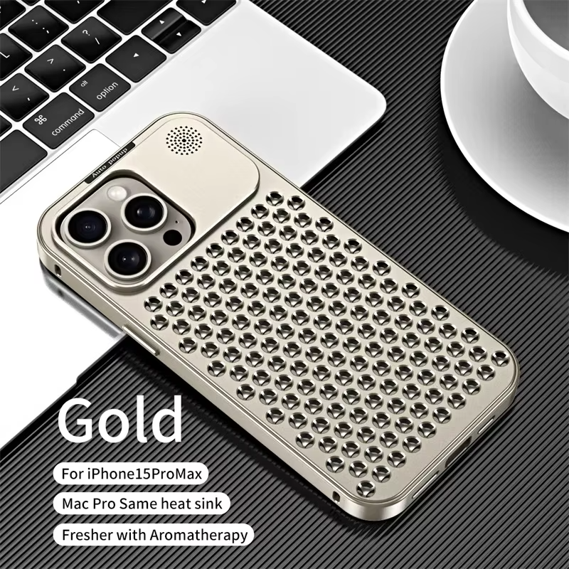 Luxury Aluminum Alloy iPhone Case — Full Coverage Shockproof Cooling Design with Aromatherapy Diffuser, Matte Anti-Fingerprint Finish, Non-Slip