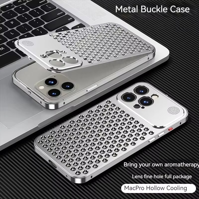 Luxury Aluminum Alloy iPhone Case — Full Coverage Shockproof Cooling Design with Aromatherapy Diffuser, Matte Anti-Fingerprint Finish, Non-Slip