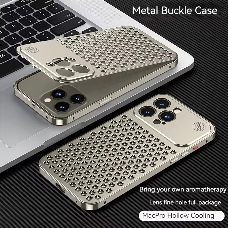 Luxury Aluminum Alloy iPhone Case — Full Coverage Shockproof Cooling Design with Aromatherapy Diffuser, Matte Anti-Fingerprint Finish, Non-Slip