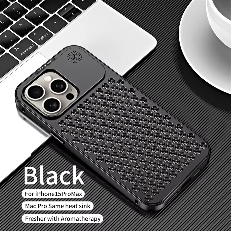 Luxury Aluminum Alloy iPhone Case — Full Coverage Shockproof Cooling Design with Aromatherapy Diffuser, Matte Anti-Fingerprint Finish, Non-Slip