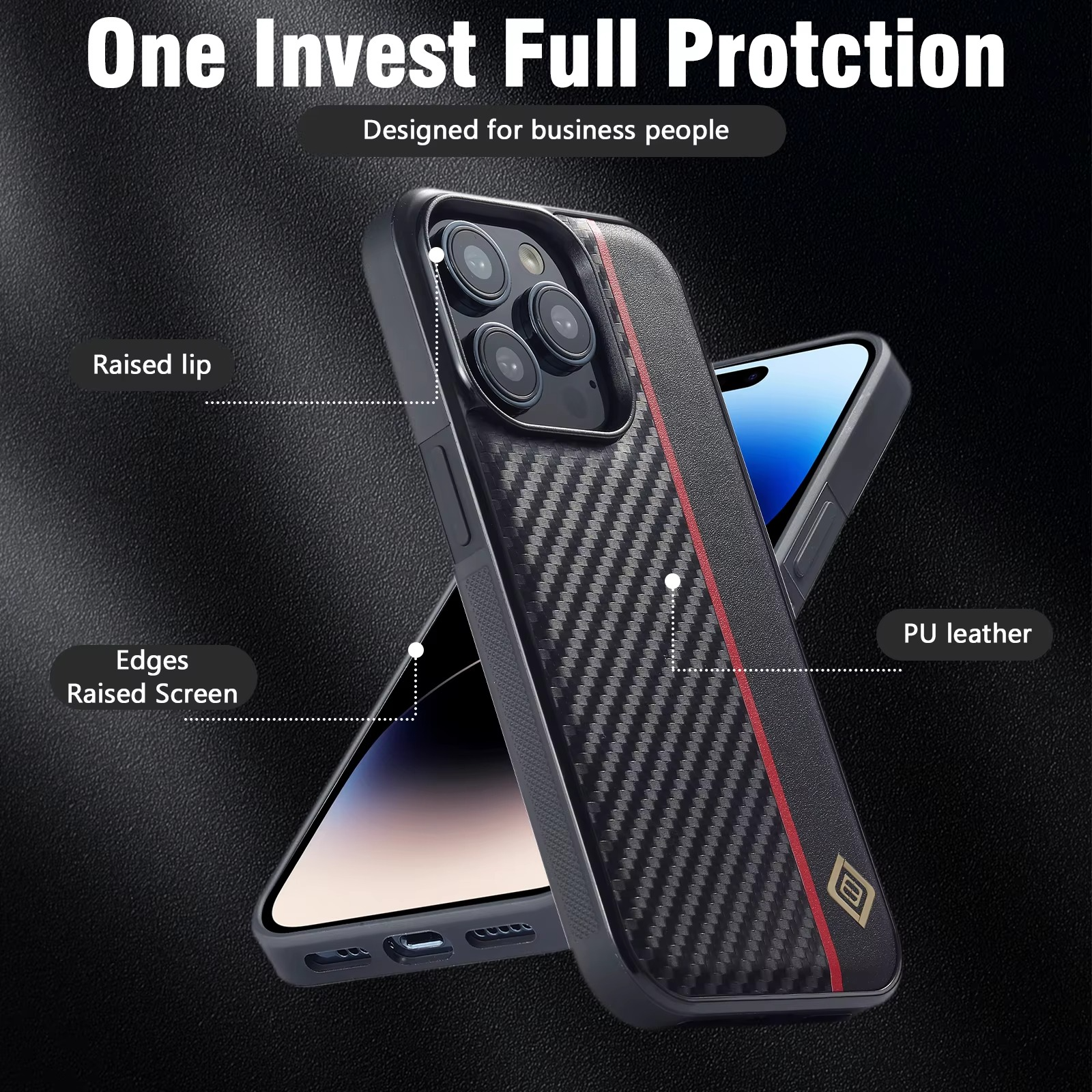 Luxury Carbon Fiber PU Leather Shockproof iPhone Case — Anti-Fingerprint Non-Slip Slim Back Cover with Camera Protection