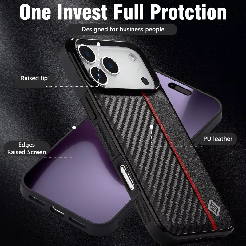Luxury Carbon Fiber PU Leather Shockproof iPhone Case — Anti-Fingerprint Non-Slip Slim Back Cover with Camera Protection