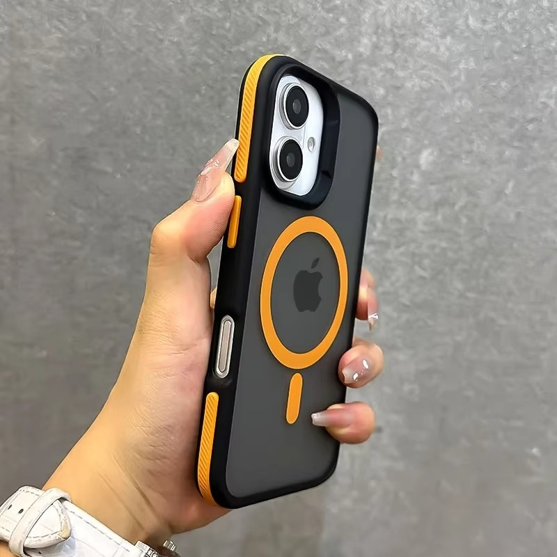 Luxury Dual-Color Magnetic iPhone Case — Magsafe Compatible Half-Wrapped Cover with Wrist Strap, Shockproof, Anti-Fingerprint, Non-Slip, Matte Finish