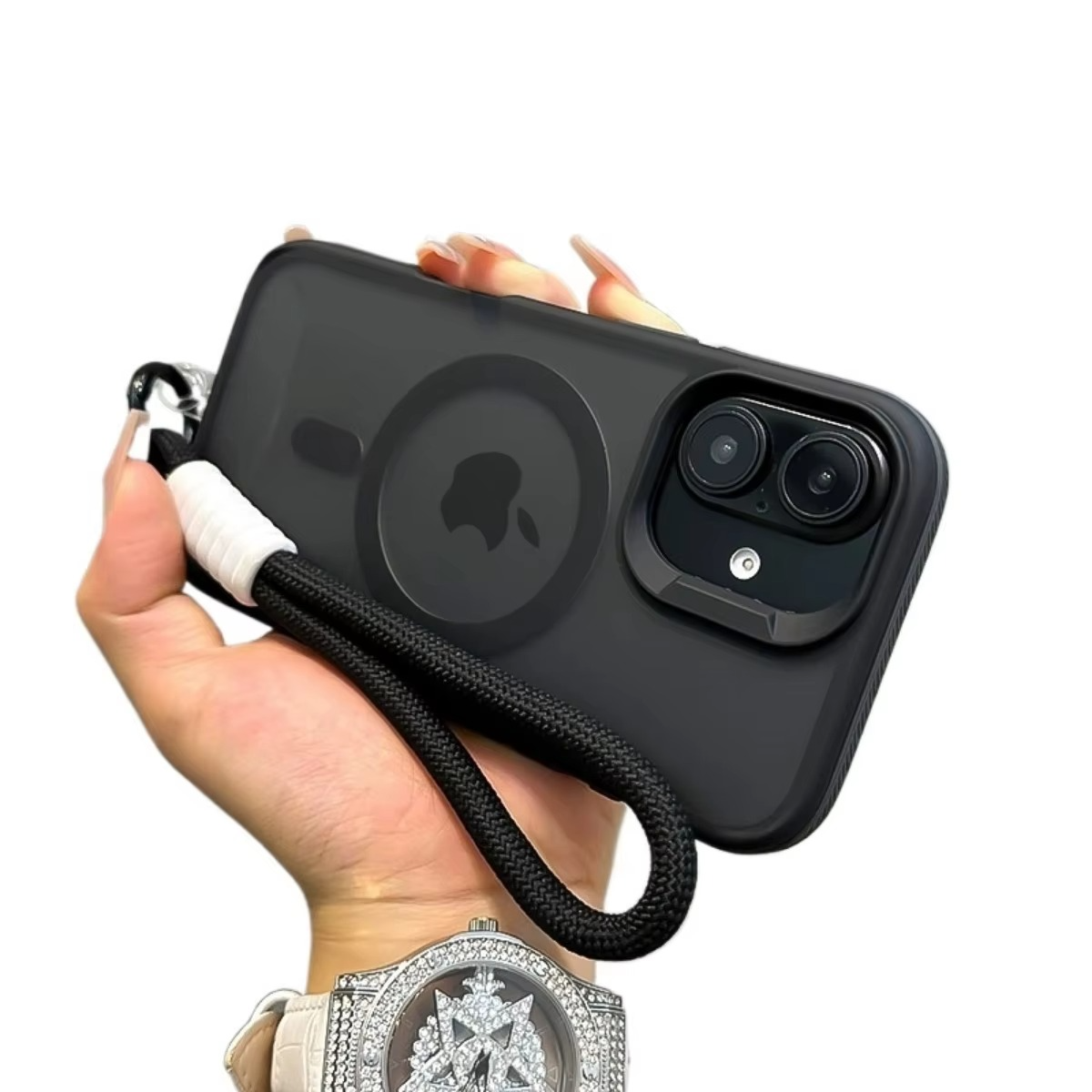 Luxury Dual-Color Magnetic iPhone Case — Magsafe Compatible Half-Wrapped Cover with Wrist Strap, Shockproof, Anti-Fingerprint, Non-Slip, Matte Finish