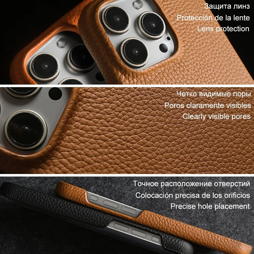 Luxury Genuine Leather iPhone Case — Cowhide Half-Wrapped Cover with Crossbody Strap, Anti-Scratch, Dustproof, Non-Slip Protective Shell
