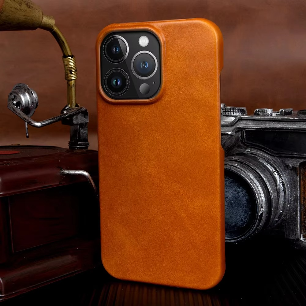Luxury Genuine Leather iPhone Case — Half-Wrapped Anti-Scratch Dustproof Cover, Vintage Retro Business Style, Lightweight Non-Slip Design