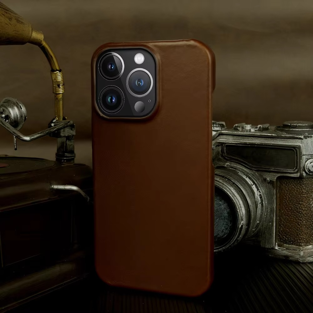 Luxury Genuine Leather iPhone Case — Half-Wrapped Anti-Scratch Dustproof Cover, Vintage Retro Business Style, Lightweight Non-Slip Design