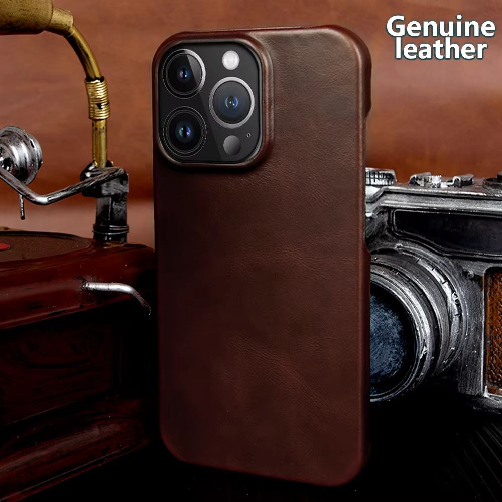 Luxury Genuine Leather iPhone Case — Half-Wrapped Anti-Scratch Dustproof Cover, Vintage Retro Business Style, Lightweight Non-Slip Design