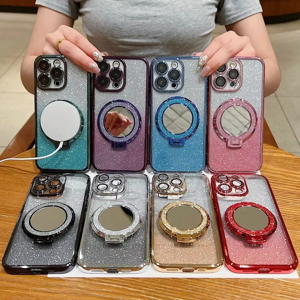Luxury Glitter Gradient iPhone Case — MagSafe Compatible Half-Wrapped Cover with Mirror Finish, Stand Bracket, Shockproof, Anti-Fingerprint, Anti-Scratch