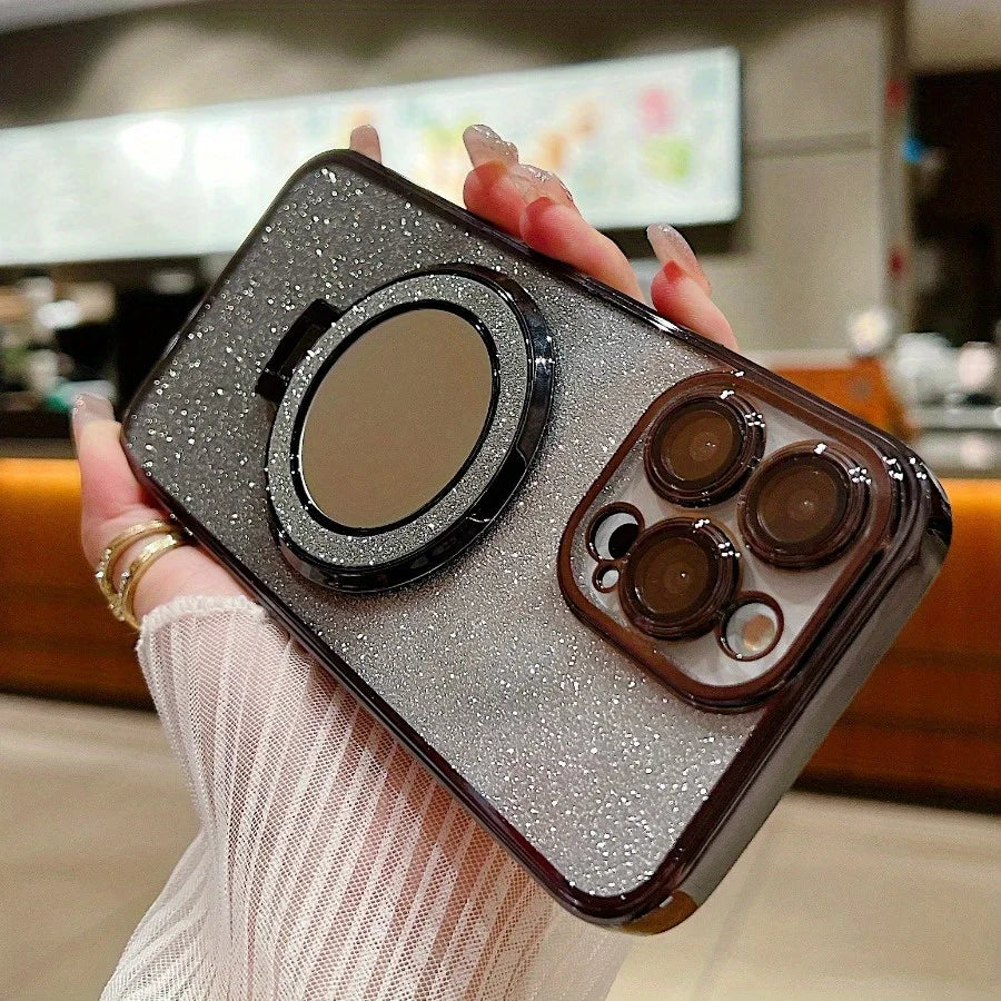 Luxury Glitter Gradient iPhone Case — MagSafe Compatible Half-Wrapped Cover with Mirror Finish, Stand Bracket, Shockproof, Anti-Fingerprint, Anti-Scratch