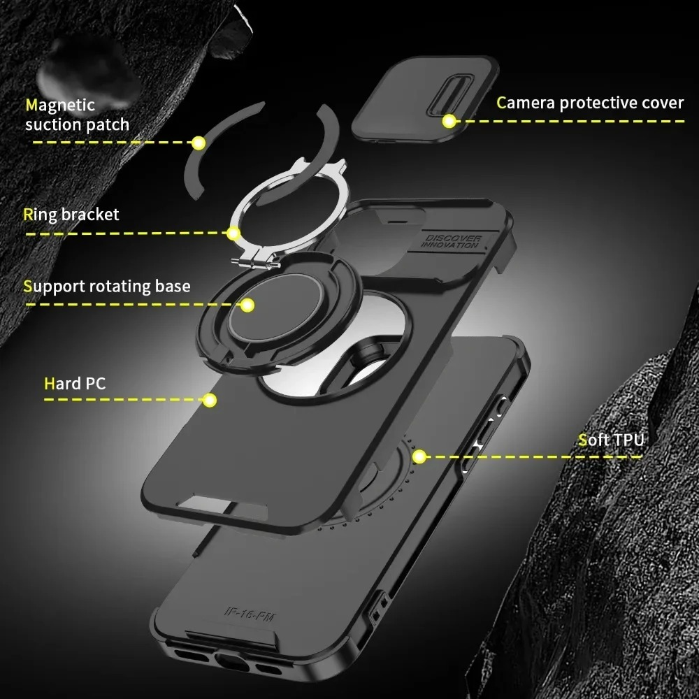 Luxury Heavy-Duty iPhone Case — Rugged Armor Magnetic Bracket with Shockproof PC Cover, Anti-Fingerprint, Anti-Scratch Protection