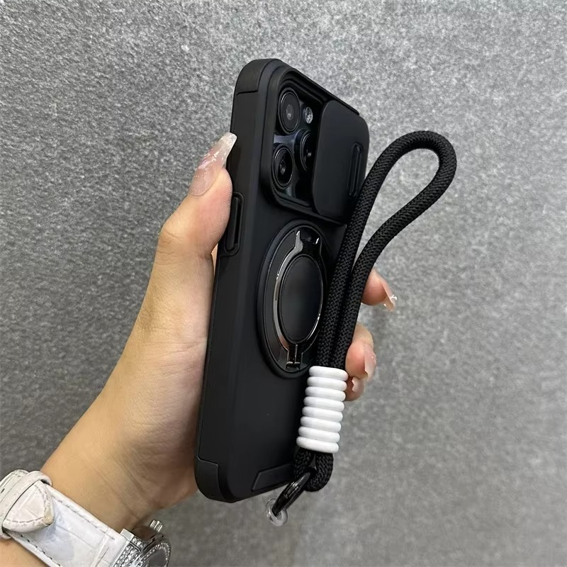 Luxury Heavy Duty Rugged iPhone Case — Magnetic Bracket, Shockproof Armor, Slide Camera Protection, PC + TPU, Anti-Fingerprint, Non-Slip