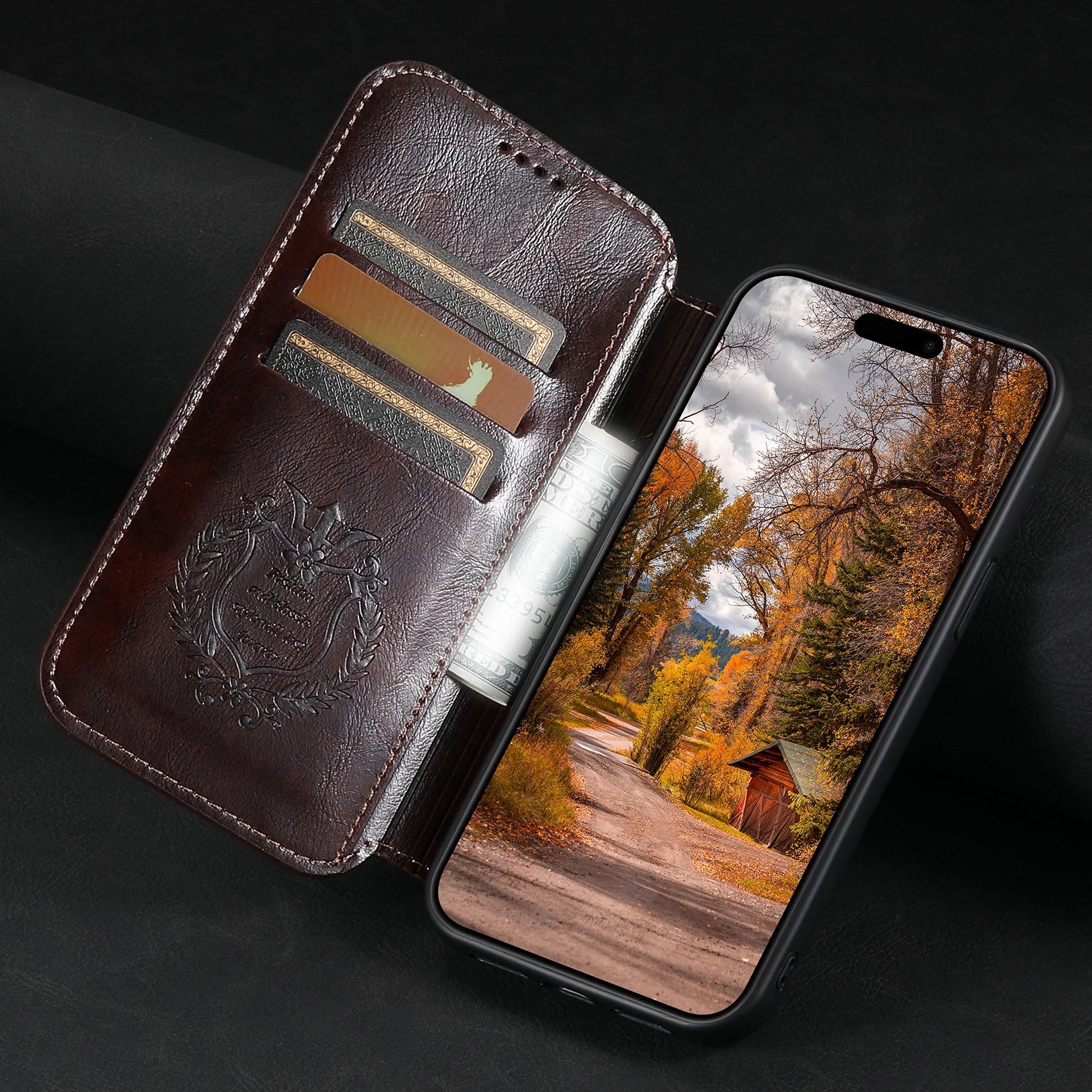 Luxury Leather Flip Wallet Phone Case for iPhone — Magnetic, Wireless Charging Compatible, Anti-Fingerprint, Dustproof, Card Holder, Kickstand, Non-Slip