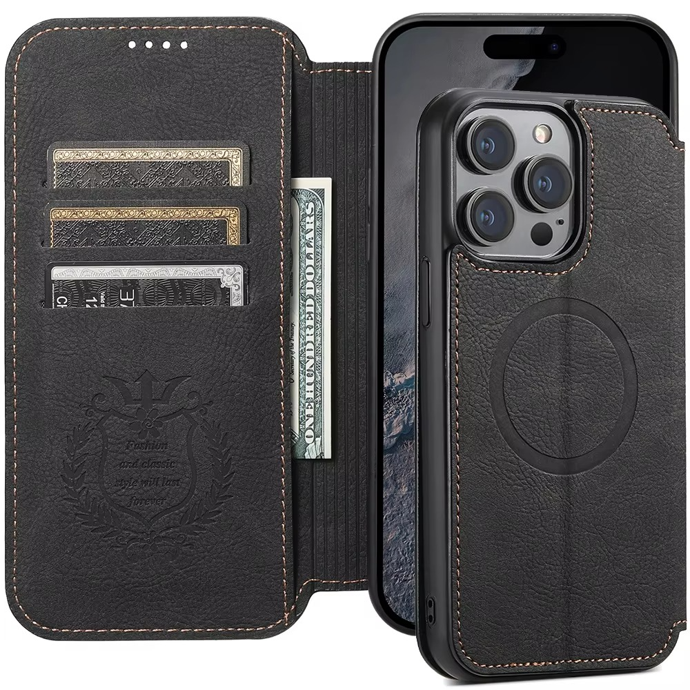 Luxury Leather Flip Wallet Phone Case for iPhone — Magnetic, Wireless Charging Compatible, Anti-Fingerprint, Dustproof, Card Holder, Kickstand, Non-Slip