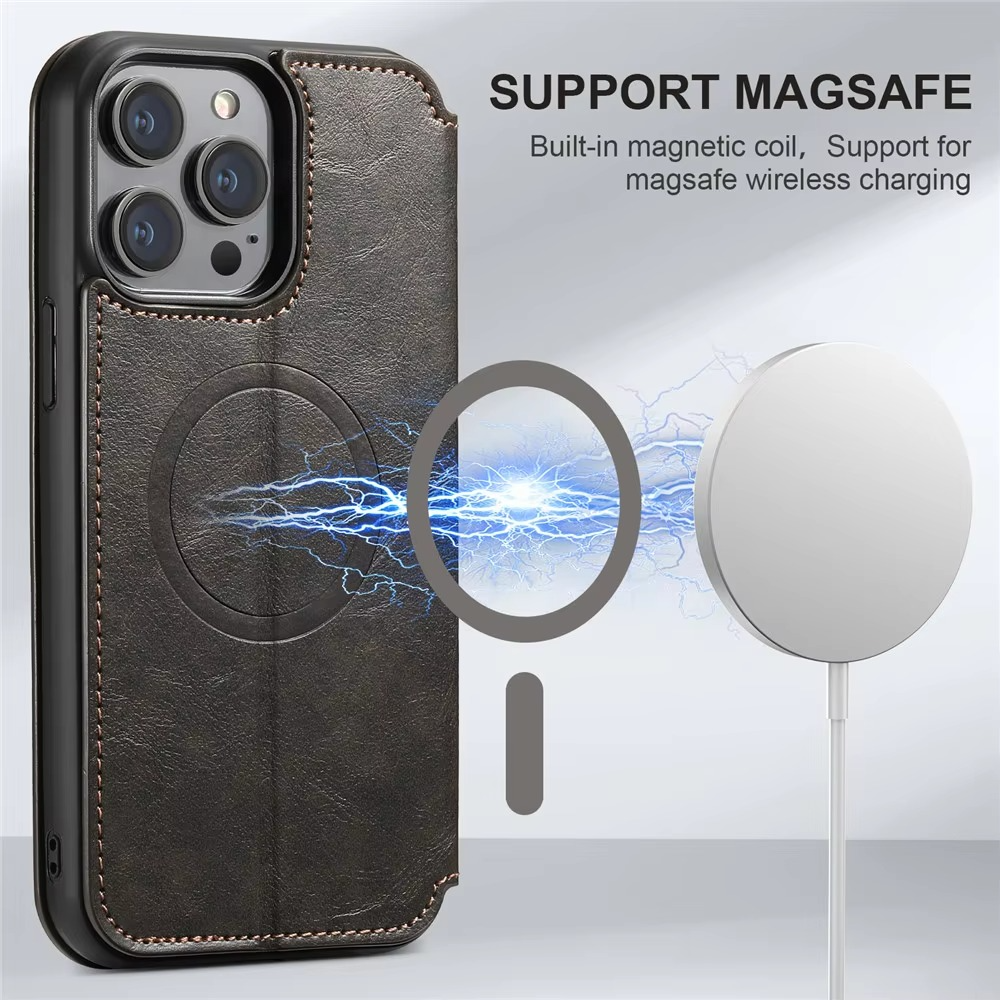 Luxury Leather Flip Wallet Phone Case for iPhone — Magnetic, Wireless Charging Compatible, Anti-Fingerprint, Dustproof, Card Holder, Kickstand, Non-Slip