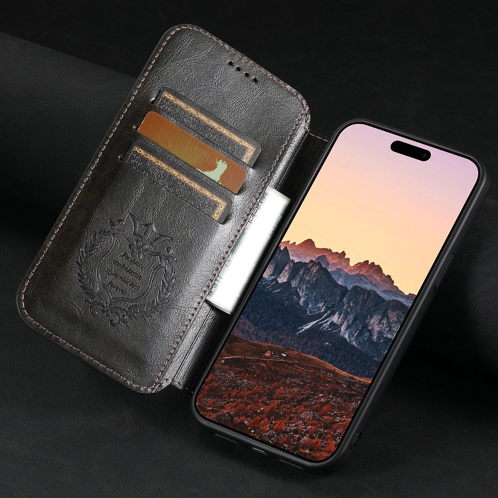 Luxury Leather Flip Wallet Phone Case for iPhone — Magnetic, Wireless Charging Compatible, Anti-Fingerprint, Dustproof, Card Holder, Kickstand, Non-Slip