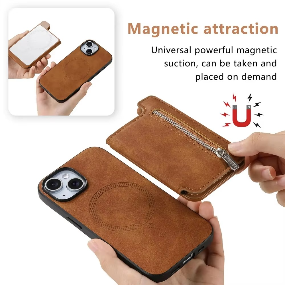 Luxury Leather Wallet iPhone Case — Zipper Card Slot, Magnetic Double Buckle, Anti-Fingerprint, Anti-Scratch, Non-Slip Full Protection Cover