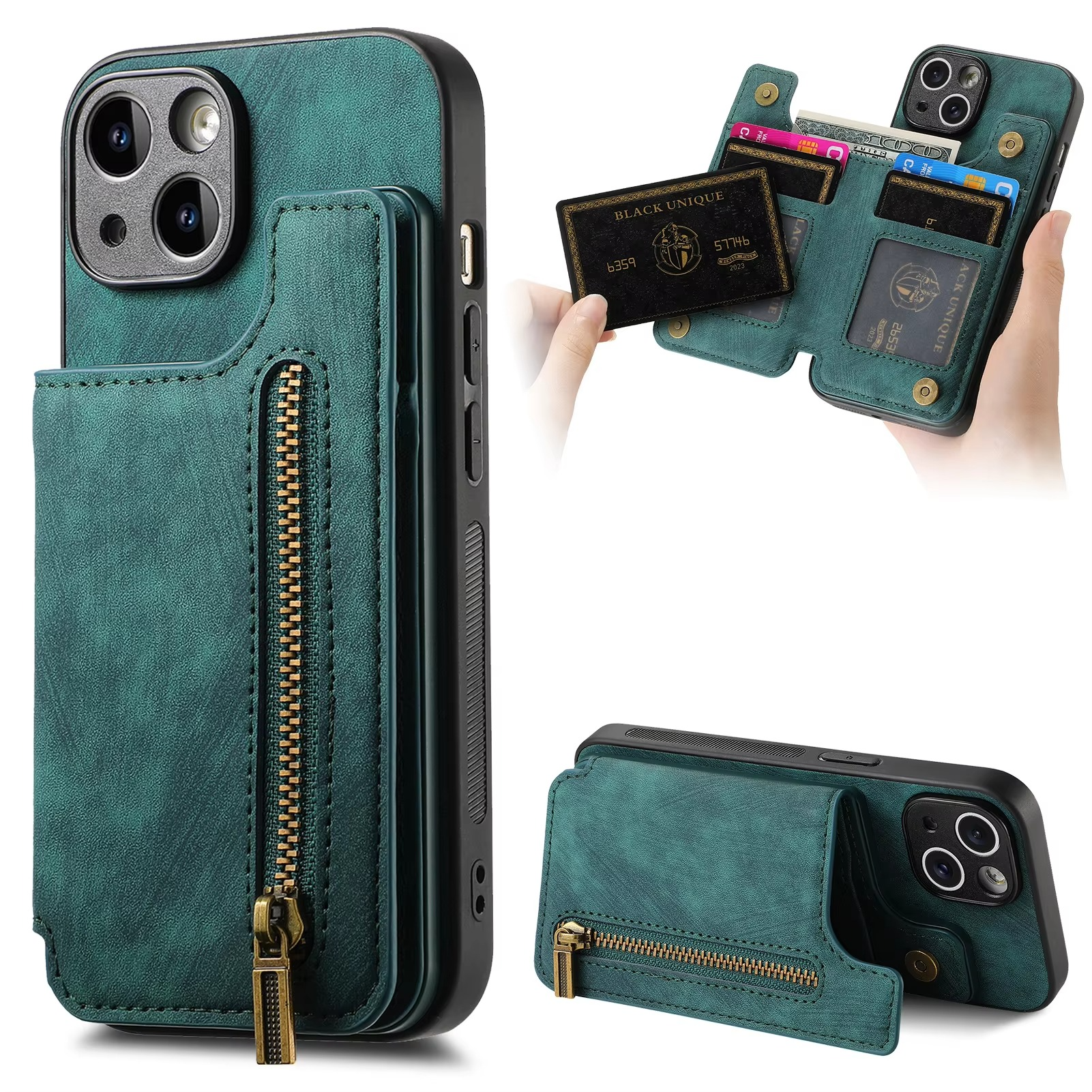 Luxury Leather Wallet iPhone Case — Zipper Card Slot, Magnetic Double Buckle, Anti-Fingerprint, Anti-Scratch, Non-Slip Full Protection Cover