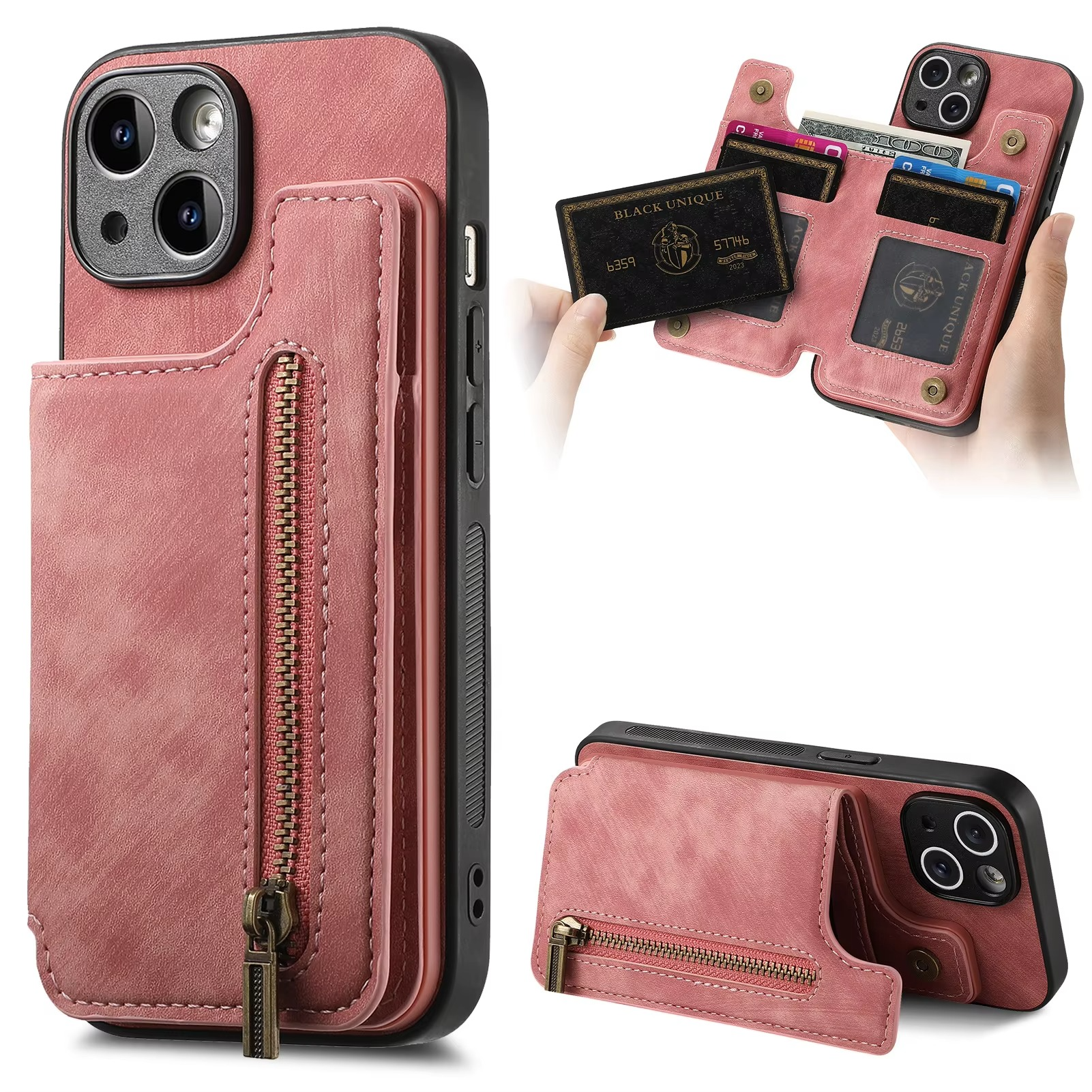 Luxury Leather Wallet iPhone Case — Zipper Card Slot, Magnetic Double Buckle, Anti-Fingerprint, Anti-Scratch, Non-Slip Full Protection Cover