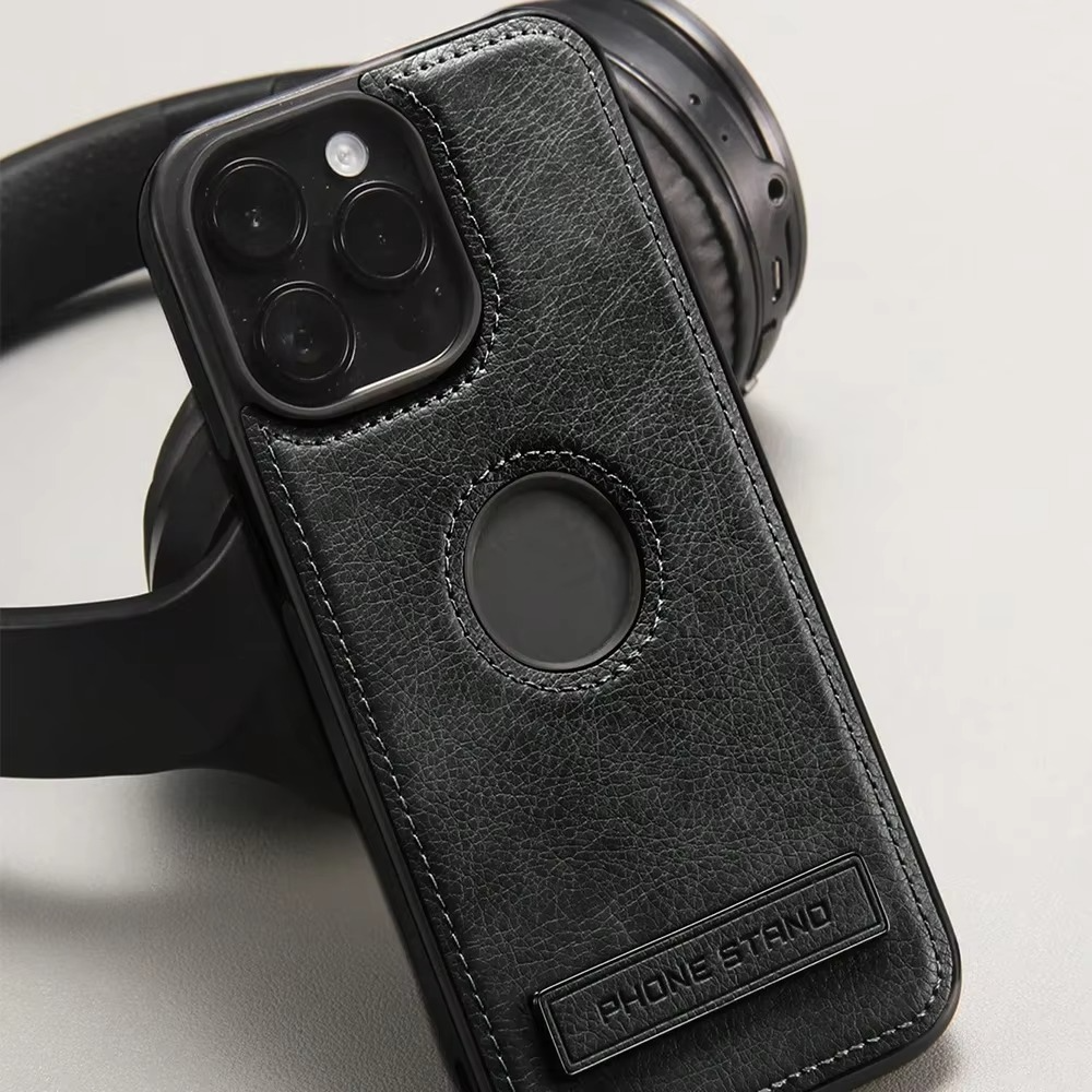 Luxury Leather iPhone Case — Kickstand Half-Wrapped Shockproof Cover, Anti-Scratch, Plain Design, Full Protection, Premium PU Leather