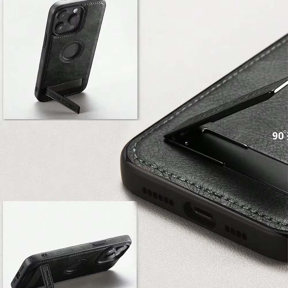 Luxury Leather iPhone Case — Kickstand Half-Wrapped Shockproof Cover, Anti-Scratch, Plain Design, Full Protection, Premium PU Leather
