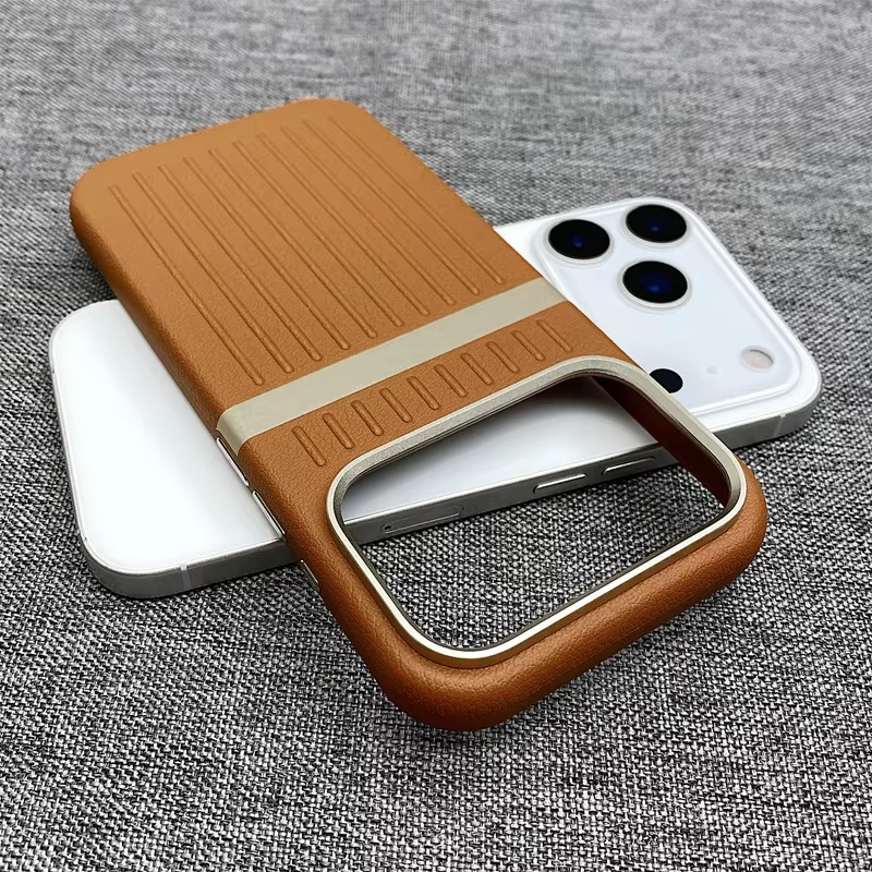 Luxury MagSafe Leather iPhone Case — 3D Stripe Shockproof Full Coverage with Alloy Lens Protection, Anti-Fingerprint Matte Texture Design