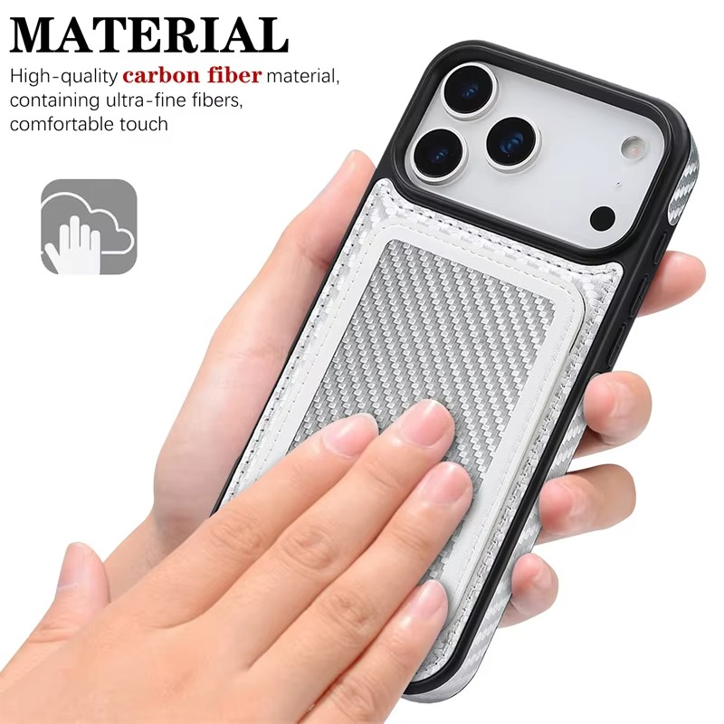 Luxury MagSafe iPhone Case Magnetic Shockproof RFID-Blocking Wallet with Card Holder, Carbon Fiber Texture, Rotating Bracket, Wireless Charging Compatible