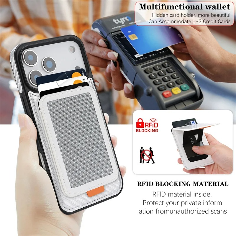Luxury MagSafe iPhone Case Magnetic Shockproof RFID-Blocking Wallet with Card Holder, Carbon Fiber Texture, Rotating Bracket, Wireless Charging Compatible