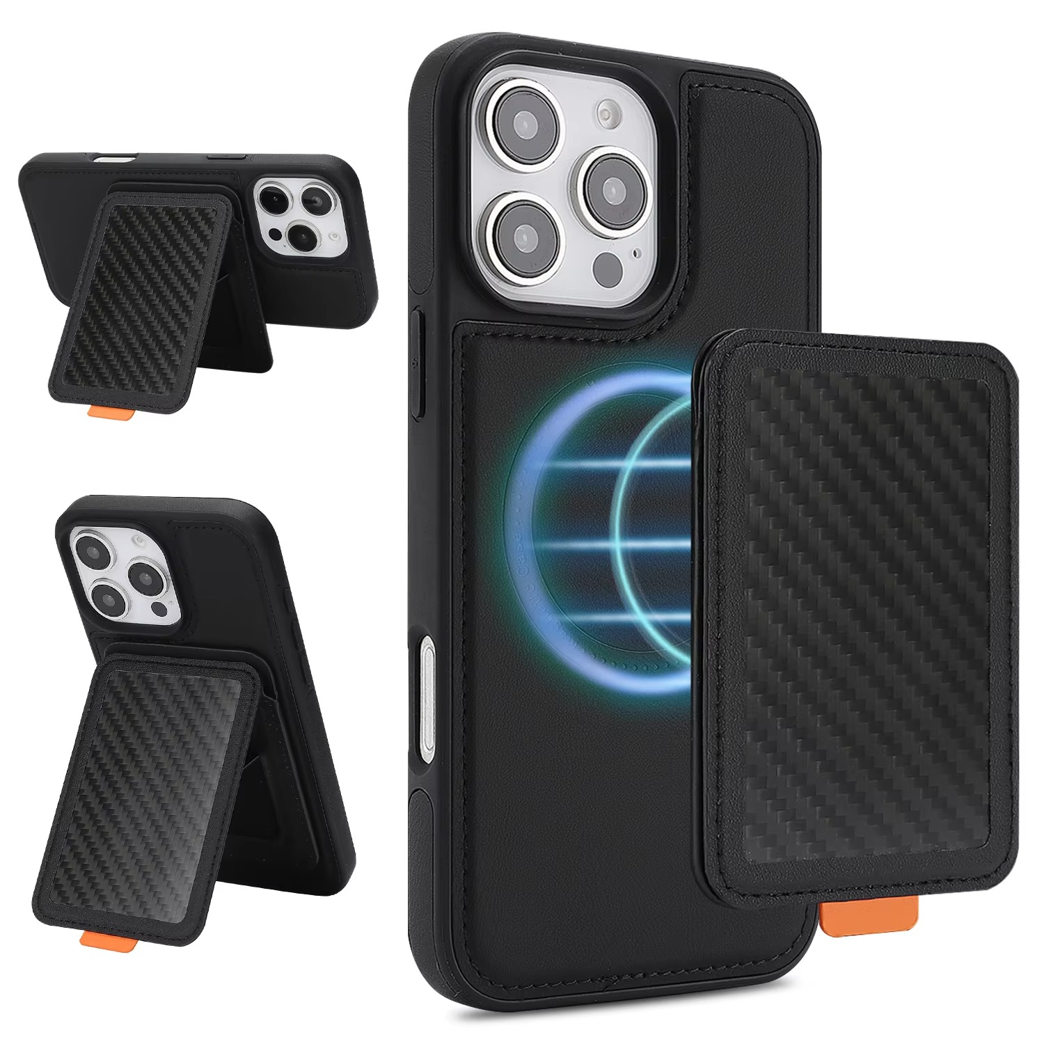 Luxury MagSafe iPhone Case Magnetic Shockproof RFID-Blocking Wallet with Card Holder, Carbon Fiber Texture, Rotating Bracket, Wireless Charging Compatible