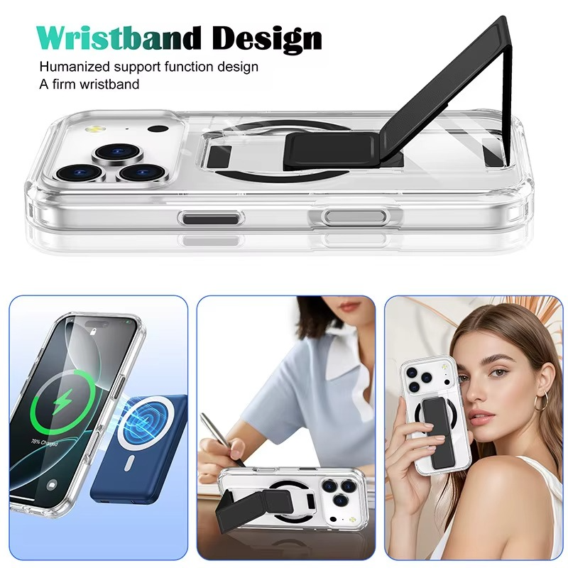 Luxury Magnetic Folding Stand iPhone Case — Shockproof Full Coverage, Anti-Fingerprint, Anti-Scratch, Dustproof, Matte Back Cover with Wristband Holder