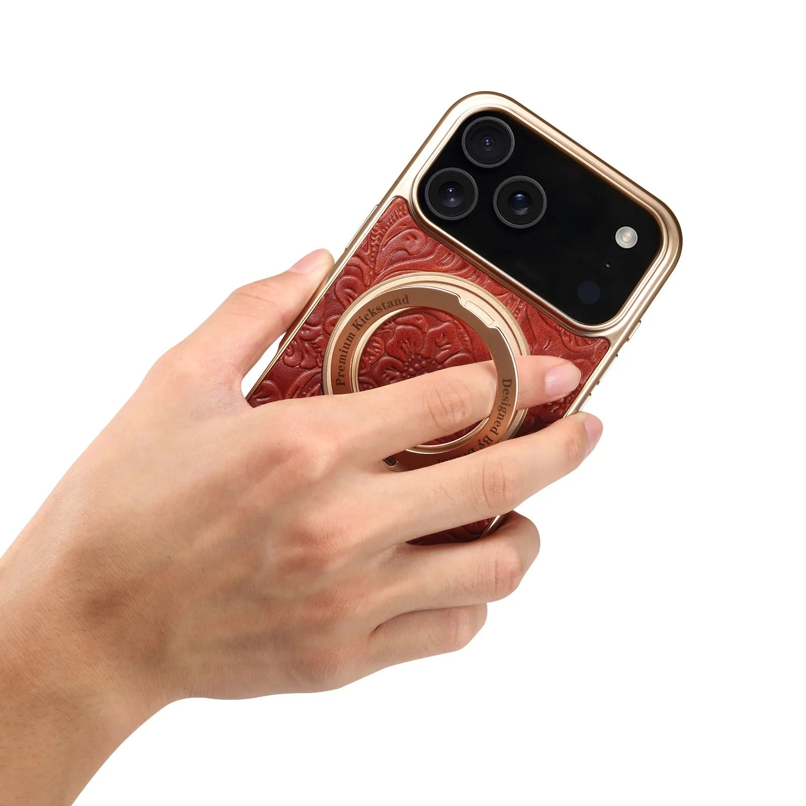 Luxury Magnetic Leather iPhone Case — Retro Tang Floral Cowhide Design with Electroplated Gear Kickstand, Full Coverage Protective Cover