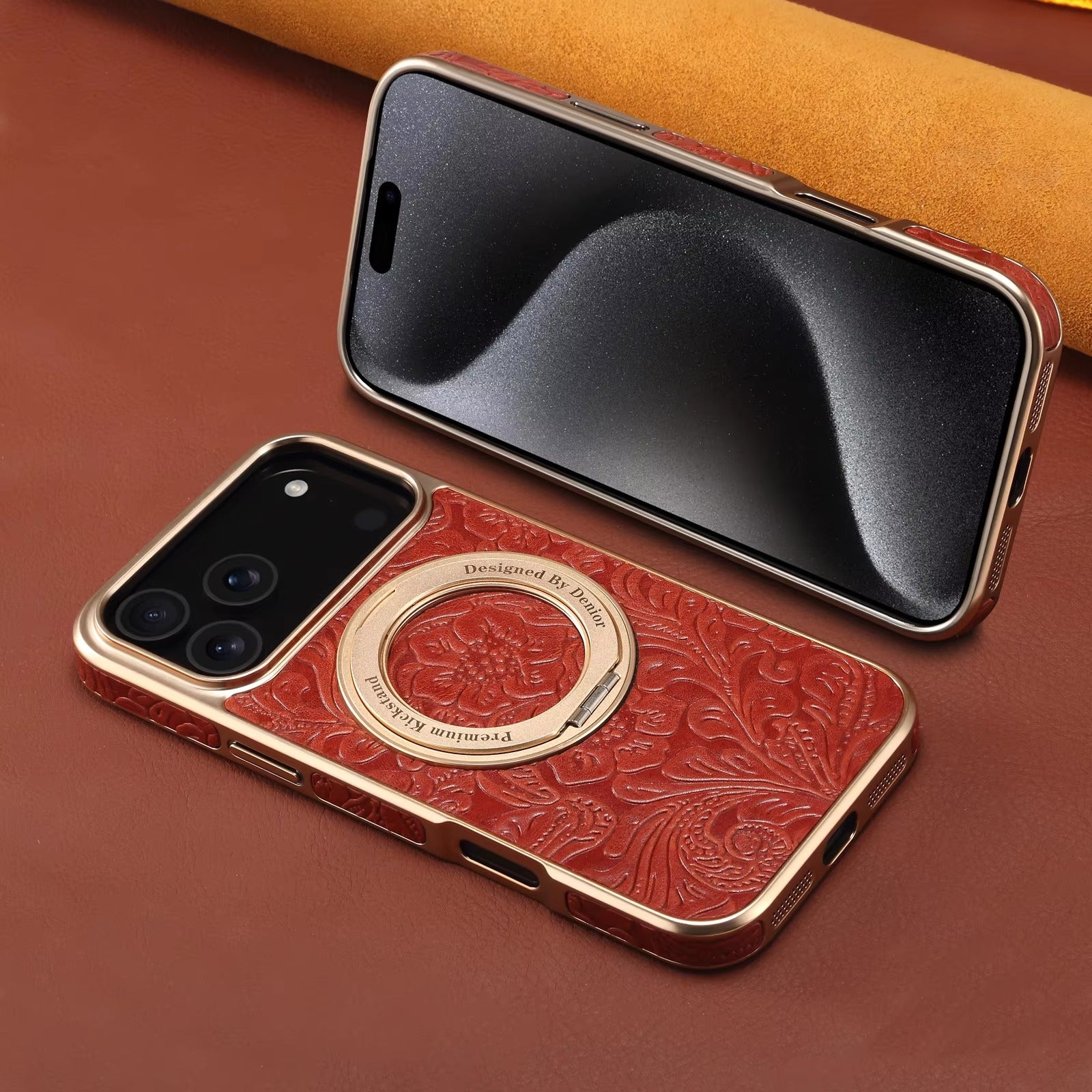 Luxury Magnetic Leather iPhone Case — Retro Tang Floral Cowhide Design with Electroplated Gear Kickstand, Full Coverage Protective Cover