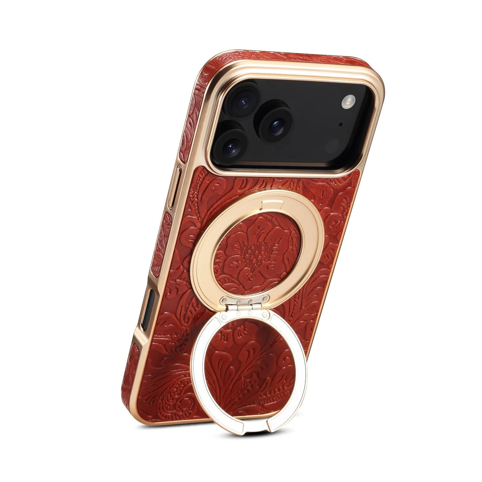 Luxury Magnetic Leather iPhone Case — Retro Tang Floral Cowhide Design with Electroplated Gear Kickstand, Full Coverage Protective Cover