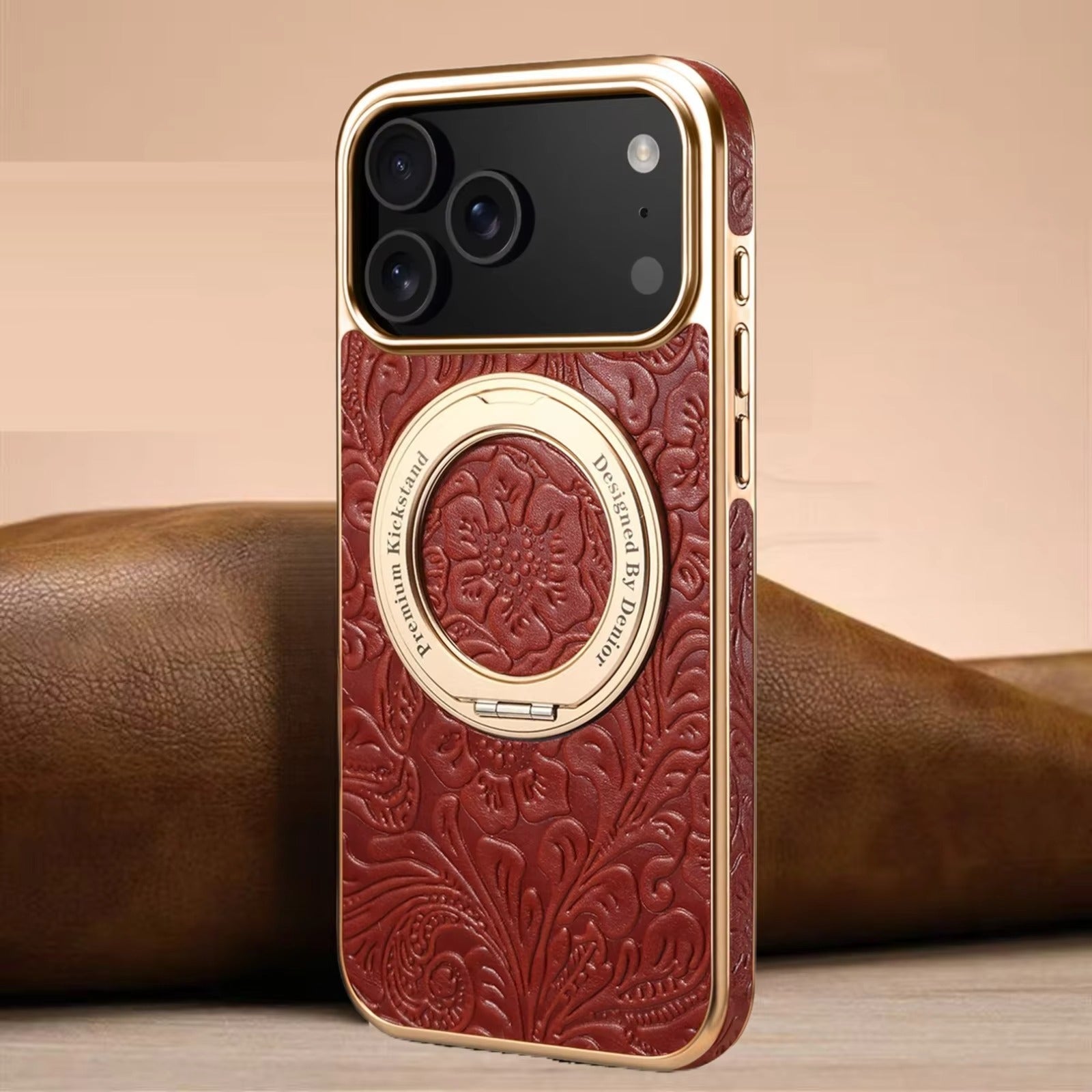 Luxury Magnetic Leather iPhone Case — Retro Tang Floral Cowhide Design with Electroplated Gear Kickstand, Full Coverage Protective Cover