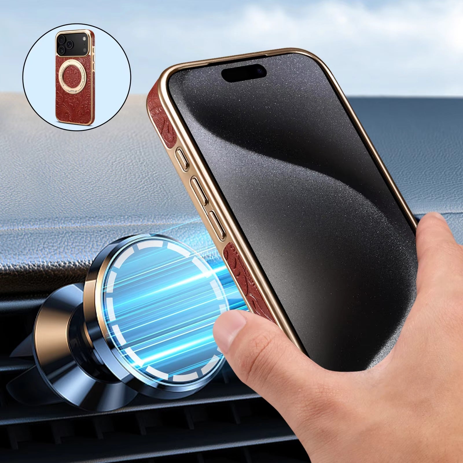 Luxury Magnetic Leather iPhone Case — Retro Tang Floral Cowhide Design with Electroplated Gear Kickstand, Full Coverage Protective Cover