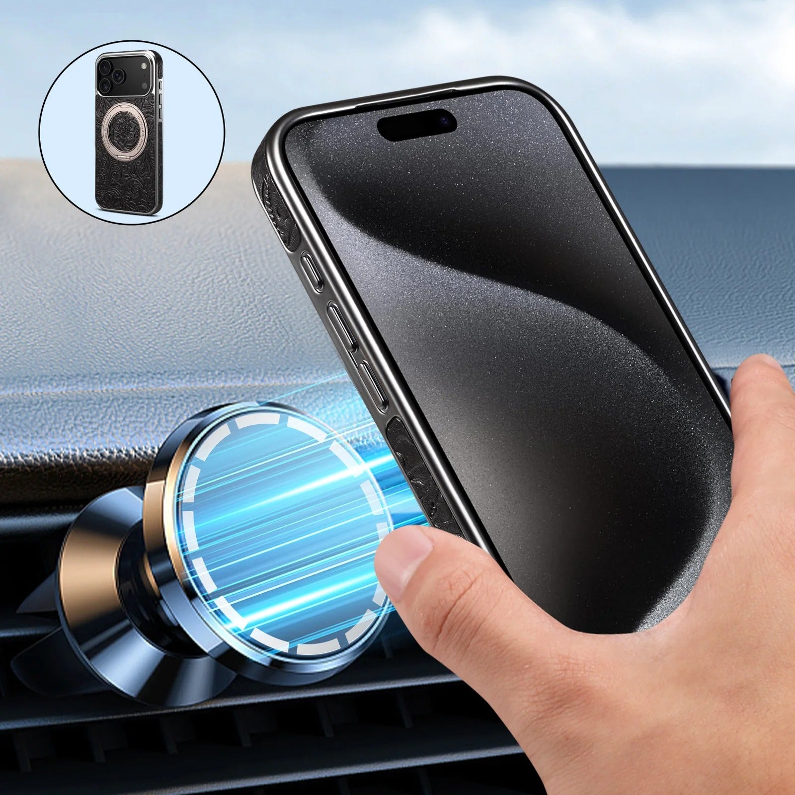 Luxury Magnetic Leather iPhone Case — Retro Tang Floral Cowhide Design with Electroplated Gear Kickstand, Full Coverage Protective Cover