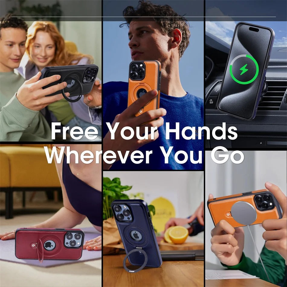 Luxury Magnetic Shockproof iPhone Case — MagSafe Leather Cover with Ring Holder, Wireless Charging Support, Anti-Fingerprint, Anti-Scratch, Full Protection